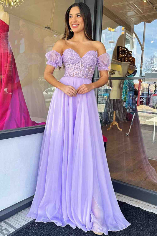 Schulterfreies A-Linien-Ballkleid aus Chiffon mit Applikationen und Schnürung 