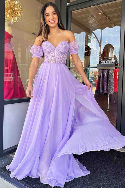 Schulterfreies A-Linien-Ballkleid aus Chiffon mit Applikationen und Schnürung 