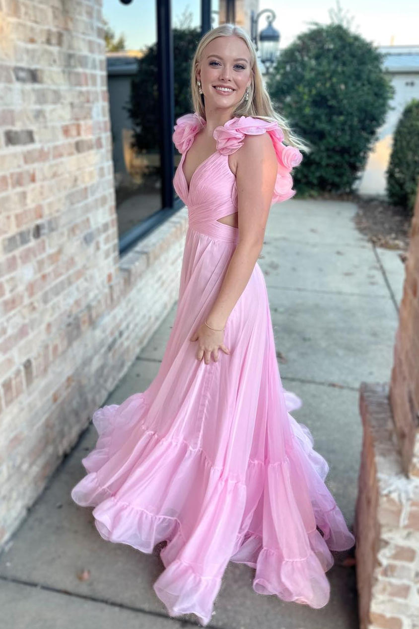 Aadhya | Langes Ballkleid in Fuchsia mit V-Ausschnitt, Rüschen und Plissee