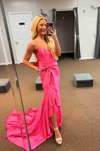 Jianna | Vestido de fiesta de satén estilo sirena con escote en V y tirantes y lazo