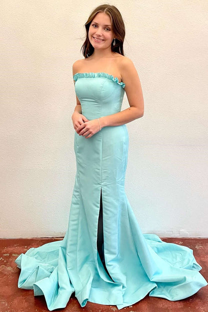 Denver | Trägerloses, langes Ballkleid im Meerjungfrauen-Stil mit Maganta-Rüschen