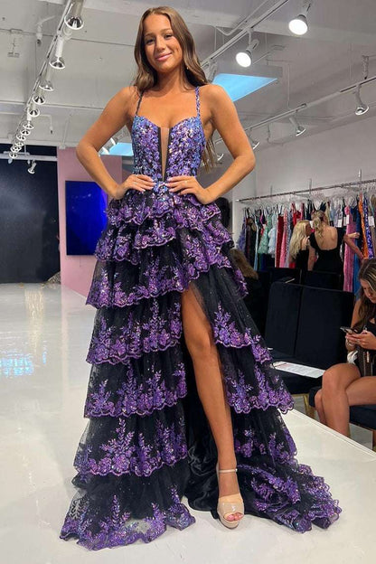 Martha | Fuchsiafarbenes, mehrlagiges Abendkleid mit Pailletten und Schlitz