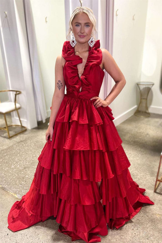 Flora | Neckholder-Ballkleid in Rot mit Rüschen und Stufen