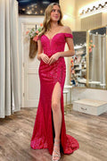 Amy | Vestido de fiesta de sirena con hombros descubiertos, lentejuelas magenta y apliques