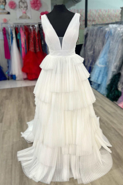 V-Neck Pleated Layered Long Formal Dress