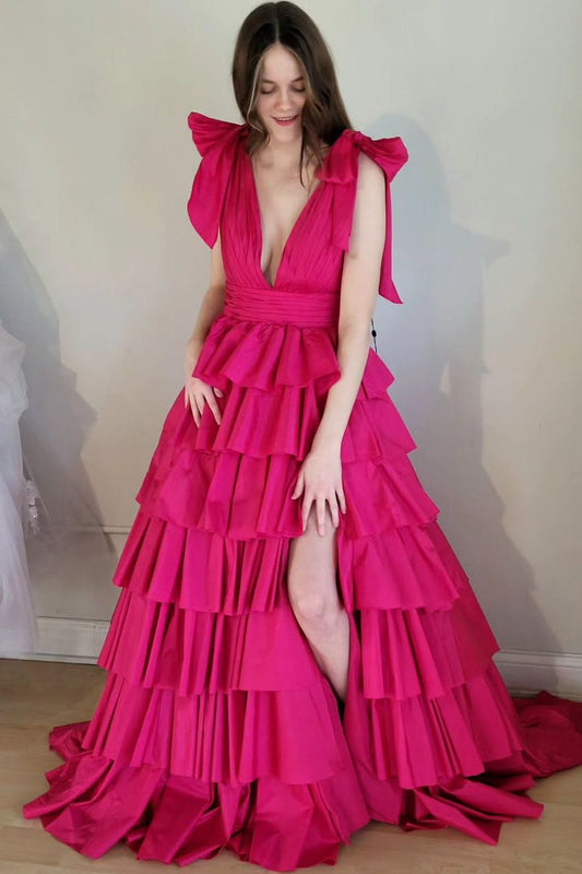 Renee | Fuchsia Ballkleid mit tiefem V-Ausschnitt und Rüschen
