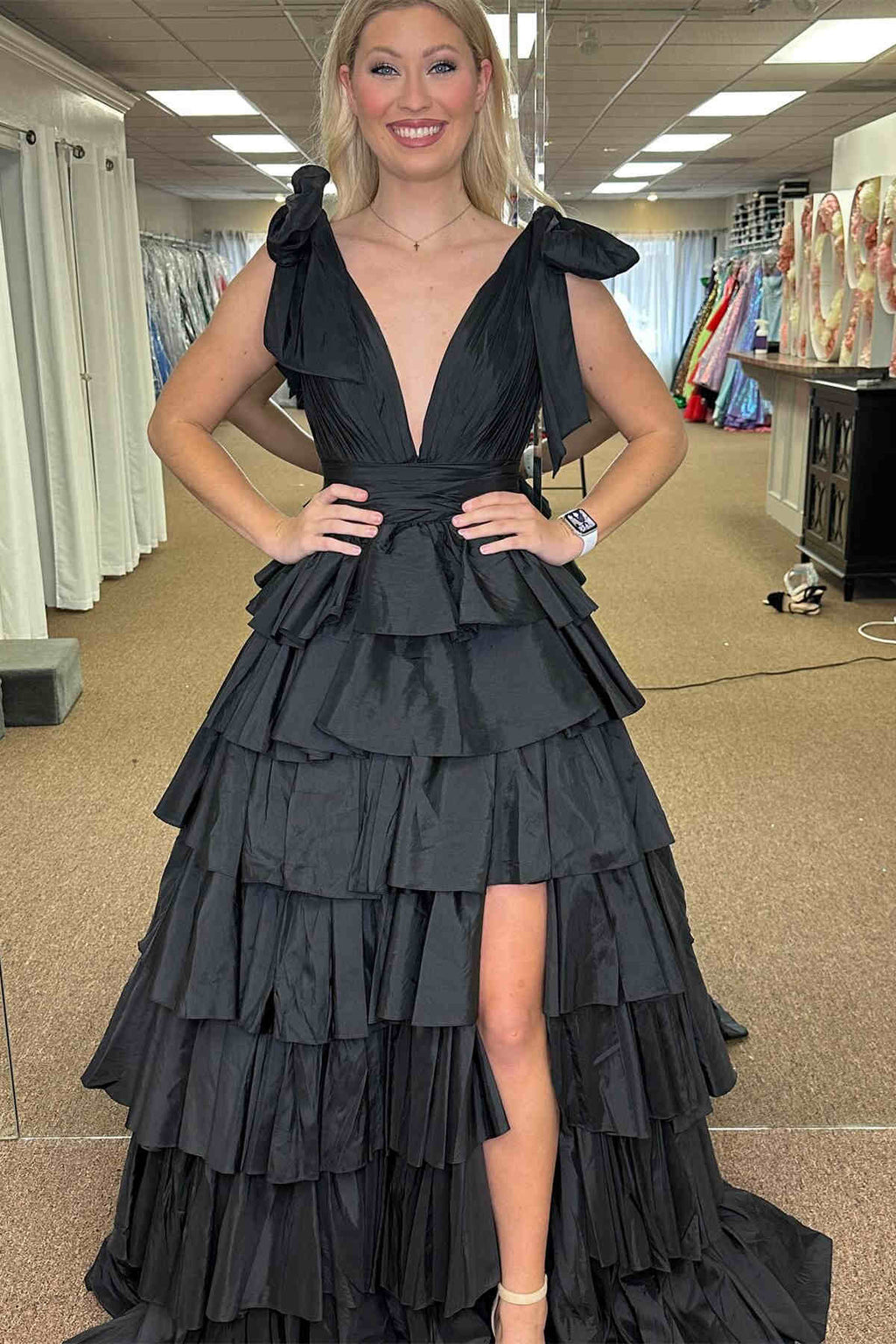 Plunging V-Neck Fuchsia Bow Straps Ruffle Ball Gown