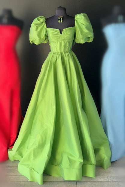 Lynette | Square Neck Fuchsia Puff Sleeves A-Line Prom Dress