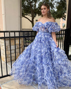 Sydney | Vestido de fiesta de tul floral con hombros descubiertos y corte en A