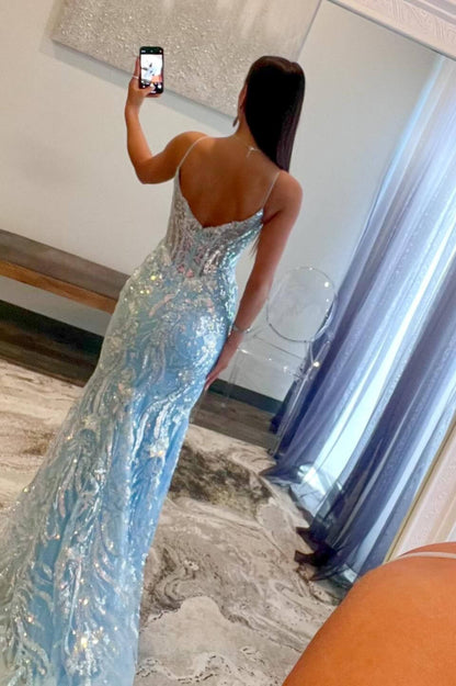 Margaret | Träger Hellblaues V-Ausschnitt Paillettenapplikationen Meerjungfrau Ballkleid
