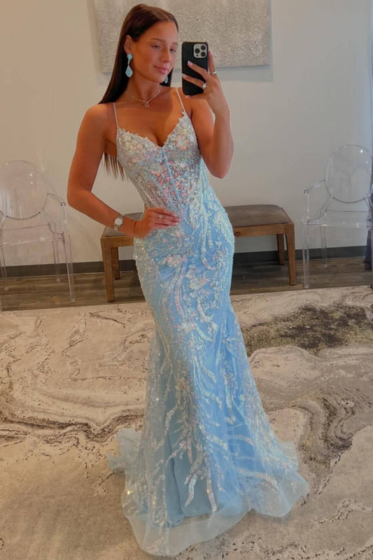 Margaret | Träger Hellblaues V-Ausschnitt Paillettenapplikationen Meerjungfrau Ballkleid