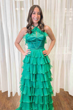 Vestido de fiesta con escote halter, escote en forma de cerradura, volantes y abertura