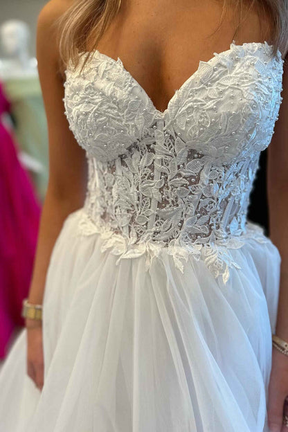 Tulle Appliques Sweetheart Ruffle Long Prom Dress