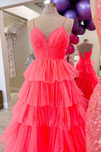 Vestido de fiesta largo con escote en V y volantes en color lavanda