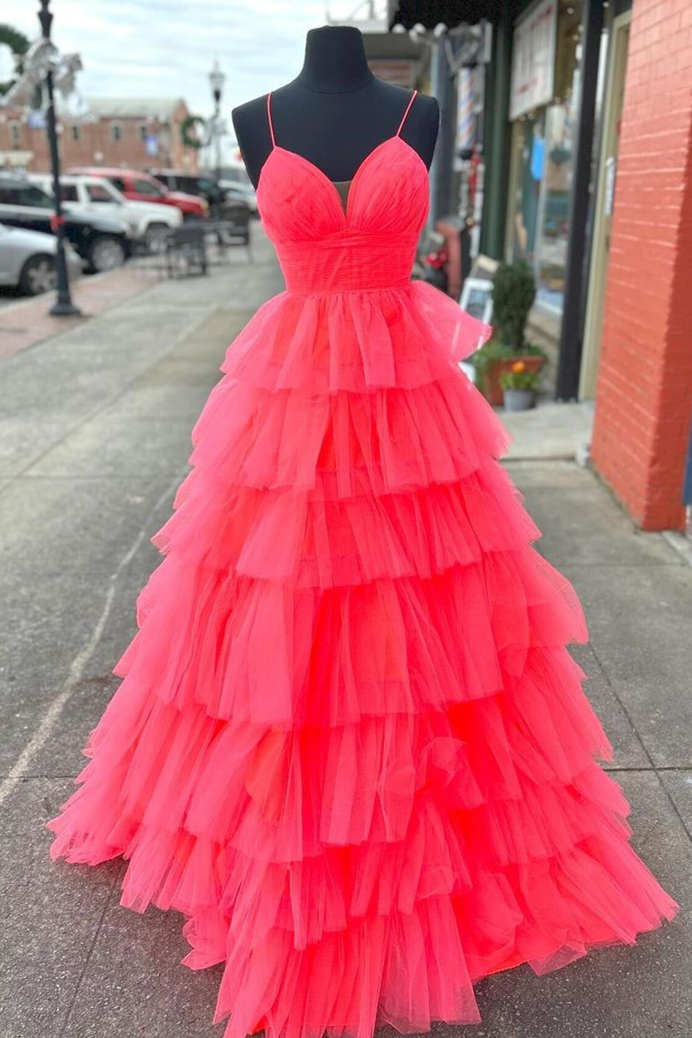 Vestido de fiesta largo con escote en V y volantes en color lavanda