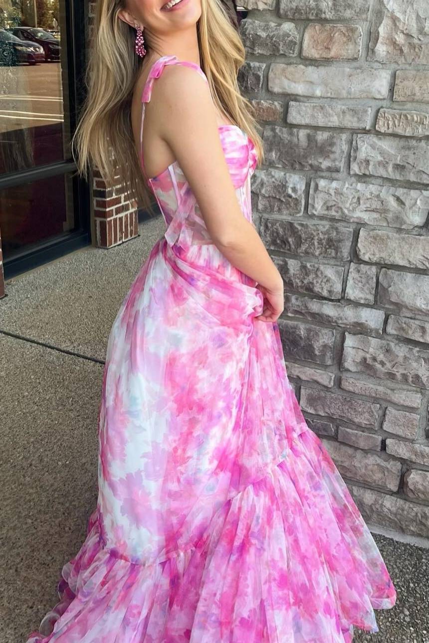 Palmer | Vestido de fiesta largo de corte A con corsé y estampado floral rosa y tirantes de lazo