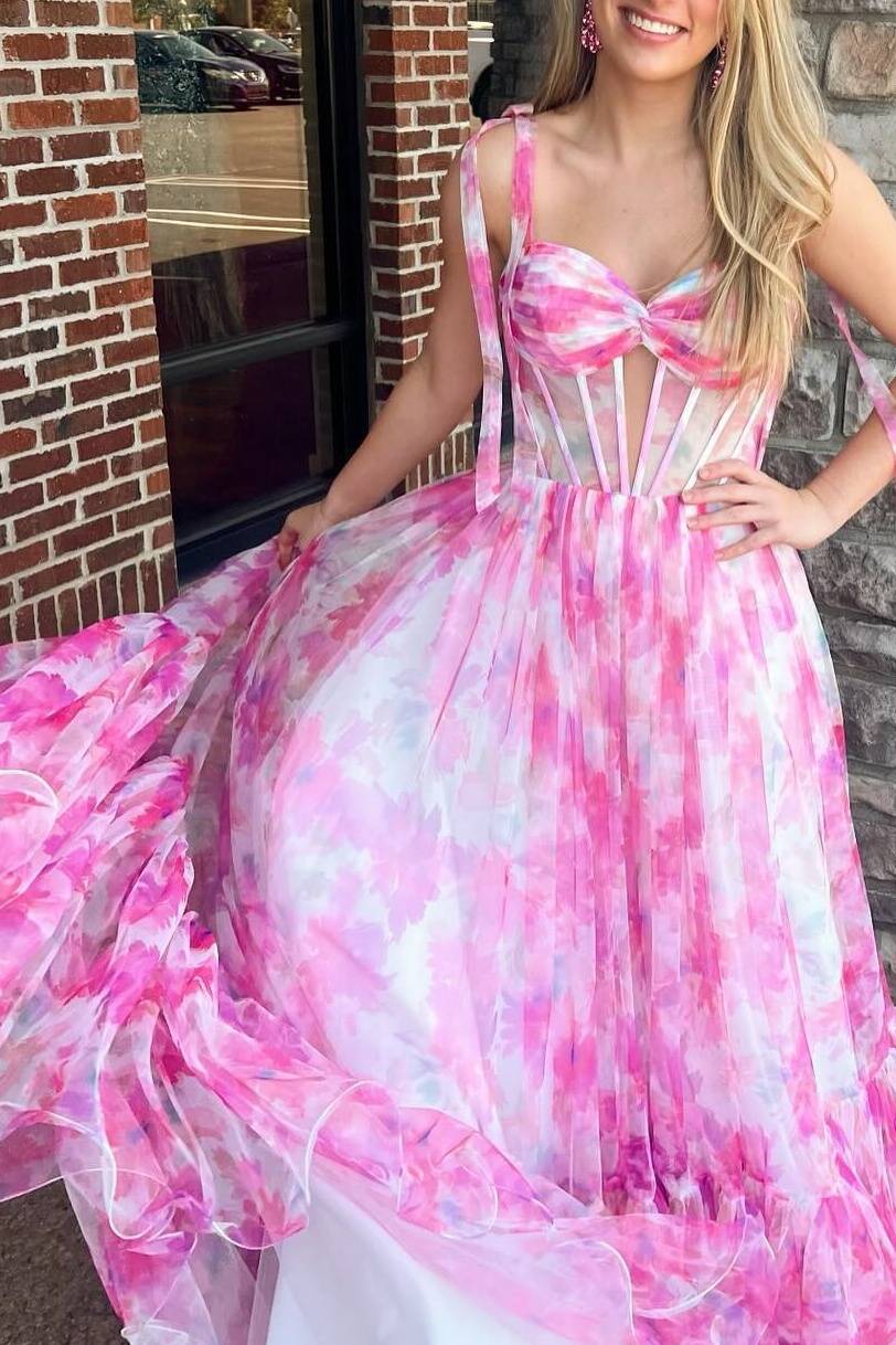Palmer | Vestido de fiesta largo de corte A con corsé y estampado floral rosa y tirantes de lazo
