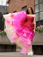 Xiomara | Vestido de fiesta largo con escote corazón, plisado y volantes