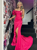 Gail | Vestido de noche largo fucsia de corte sirena con un hombro y abertura