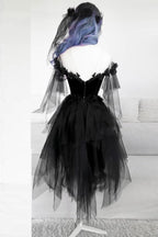 VESTIDO DE FIESTA CORTO DE TUL CON CUELLO REDONDO Y ENCAJE NEGRO VESTIDO DE NOCHE NEGRO S14739