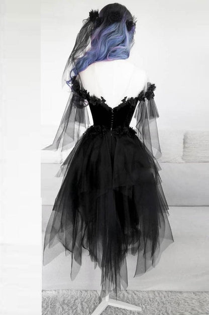 VESTIDO DE FIESTA CORTO DE TUL CON CUELLO REDONDO Y ENCAJE NEGRO VESTIDO DE NOCHE NEGRO S14739