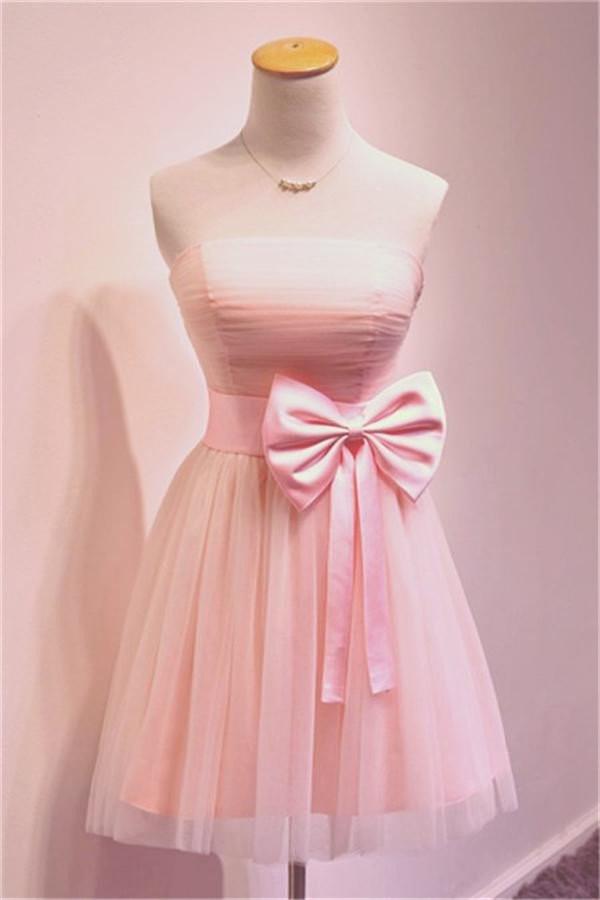 Vestidos de fiesta cortos, sencillos y femeninos, sin tirantes, en color rosa, PG034