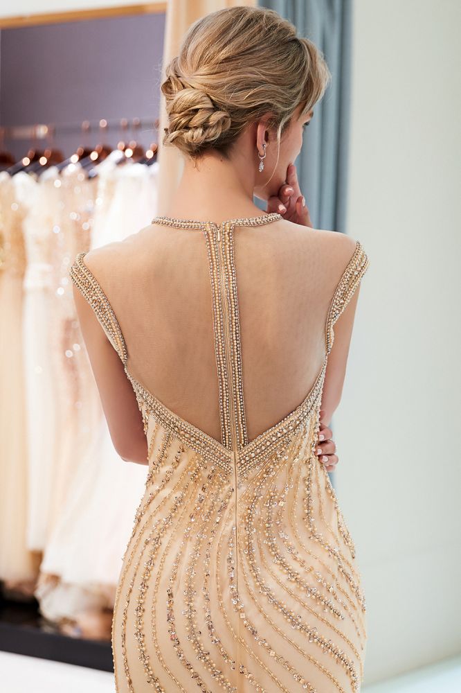 Glamorous Cap Sleeves Mermaid Golden Beading Evening Gown