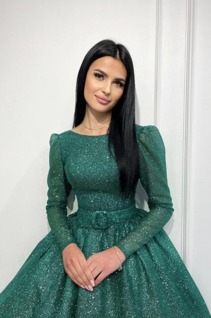 Glamoroso vestido de fiesta verde oscuro de corte A con lentejuelas, largo hasta los tobillos y mangas largas