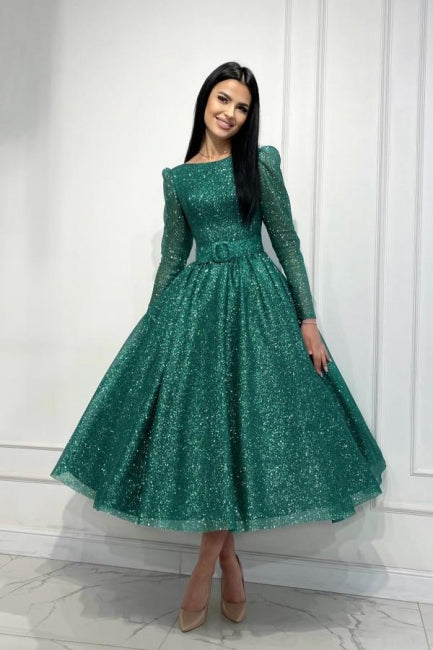 Glamouröses dunkelgrünes A-Linien-Ballkleid mit Pailletten und langen Ärmeln in Knöchellänge
