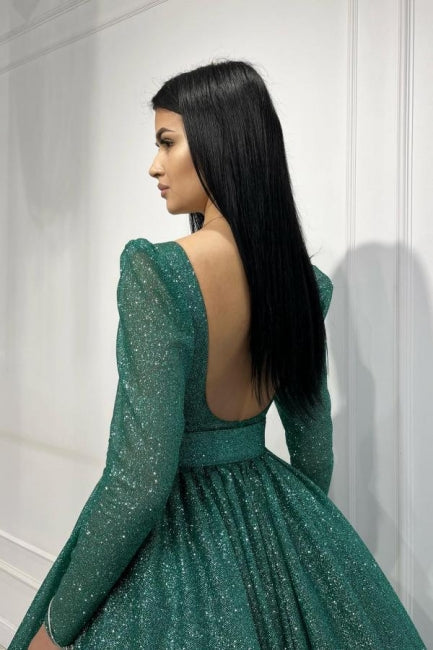 Glamoroso vestido de fiesta verde oscuro de corte A con lentejuelas, largo hasta los tobillos y mangas largas