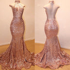 Glamorosos vestidos de noche largos de sirena con lentejuelas, sin mangas y cuello alto