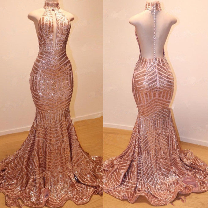 Glamorosos vestidos de noche largos de sirena con lentejuelas, sin mangas y cuello alto
