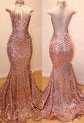 Glamorosos vestidos de noche largos de sirena con lentejuelas, sin mangas y cuello alto