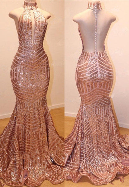 Glamorosos vestidos de noche largos de sirena con lentejuelas, sin mangas y cuello alto