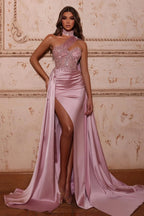 Glamouröses langes A-Linien-Ballkleid aus Spitze mit hohem Halsausschnitt und einer Schulter