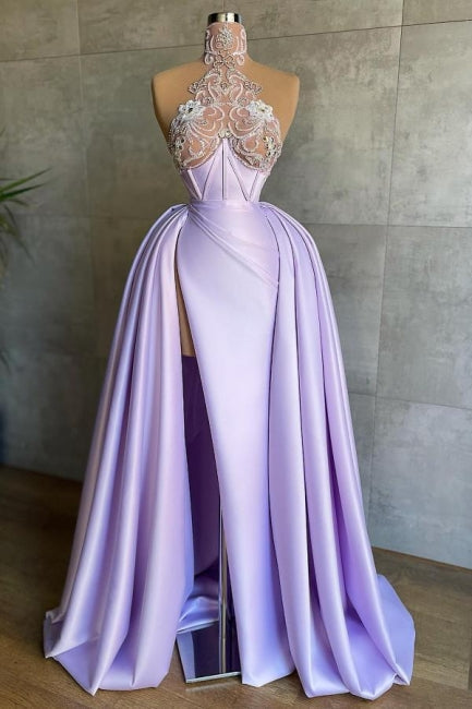 Glamoroso vestido de fiesta largo de satén con encaje, corte A, cuello alto, color lila y abertura