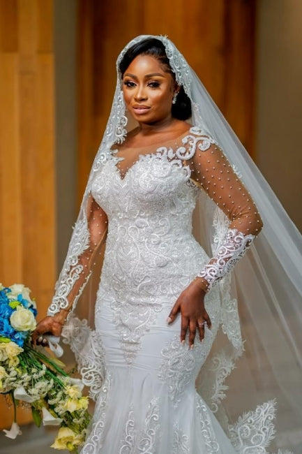 Glamorous Long Mermaid Appliques Long Sleeves Wedding Dresses With Lace