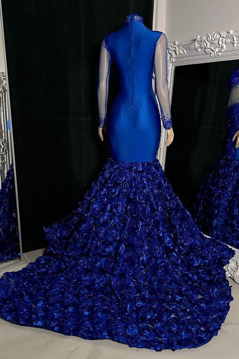 Glamouröses langes Meerjungfrau-Ballkleid mit hohem Halsausschnitt, Blumen und Pailletten