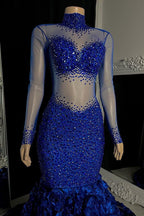 Glamorous Long Mermaid High Neck Flowers Sequined Prom Dress With Long Sleeves