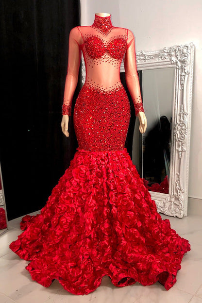 Glamouröses langes Meerjungfrau-Ballkleid mit hohem Halsausschnitt, Blumen und Pailletten