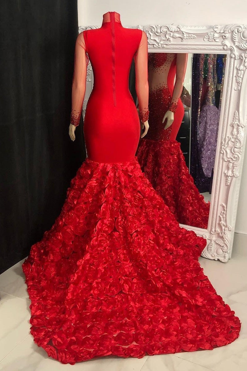 Glamorous Long Mermaid High Neck Flowers Sequined Prom Dress With Long Sleeves