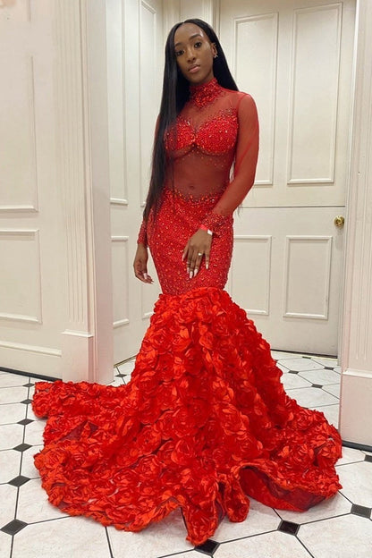 Glamouröses langes Meerjungfrau-Ballkleid mit hohem Halsausschnitt, Blumen und Pailletten