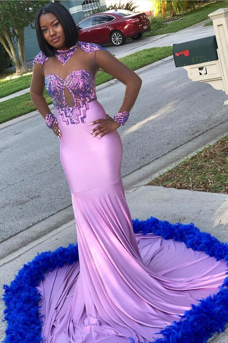 Glamouröses langes Meerjungfrau-Ballkleid aus Spitzensatin mit langen Ärmeln