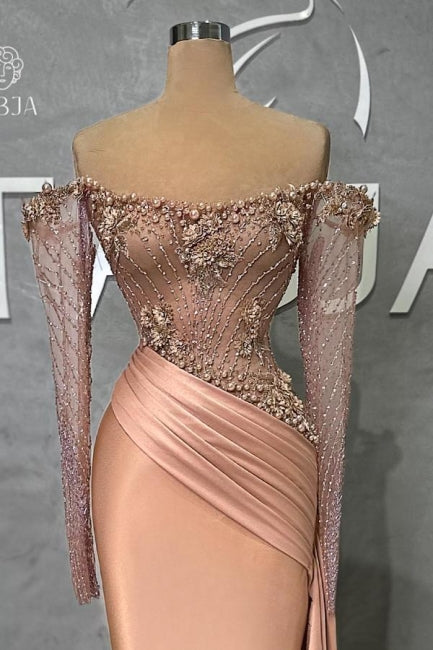 Glamoroso vestido de fiesta largo estilo sirena con hombros descubiertos, satén, cuentas y perlas, con mangas largas