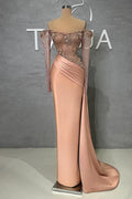 Glamoroso vestido de fiesta largo estilo sirena con hombros descubiertos, satén, cuentas y perlas, con mangas largas