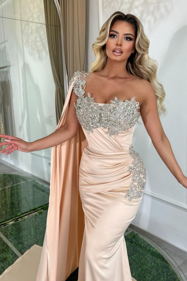 Glamouröses langes Meerjungfrau-Abendkleid mit einer Schulter und Perlen verziert