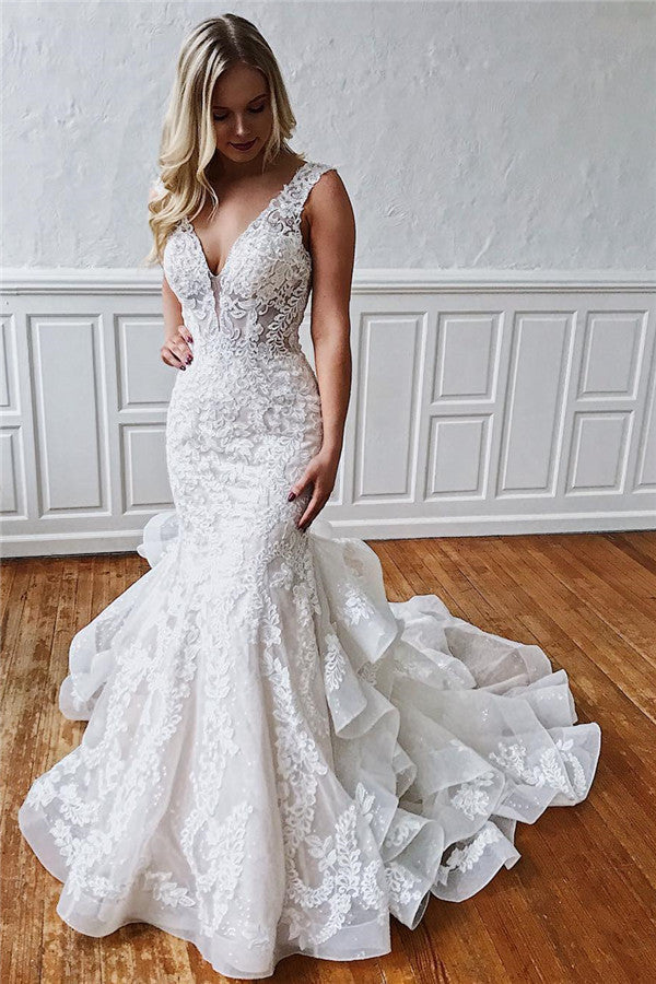 Glamorous Long Mermaid Straps Ruffled Lace Wedding Dresses