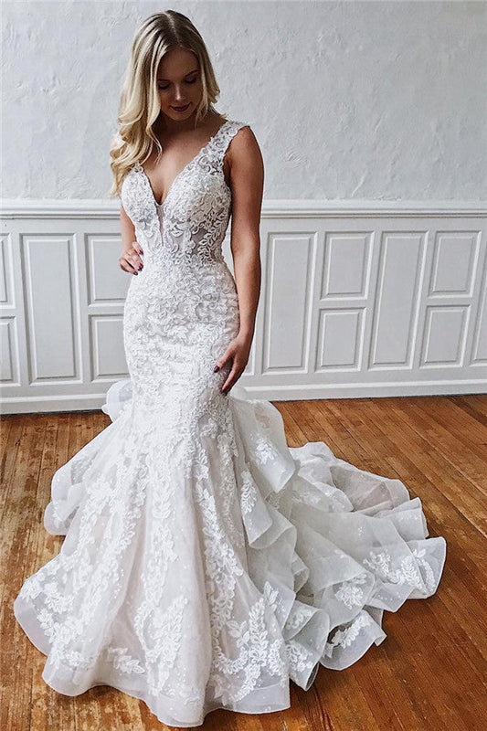 Glamorous Long Mermaid Straps Ruffled Lace Wedding Dresses