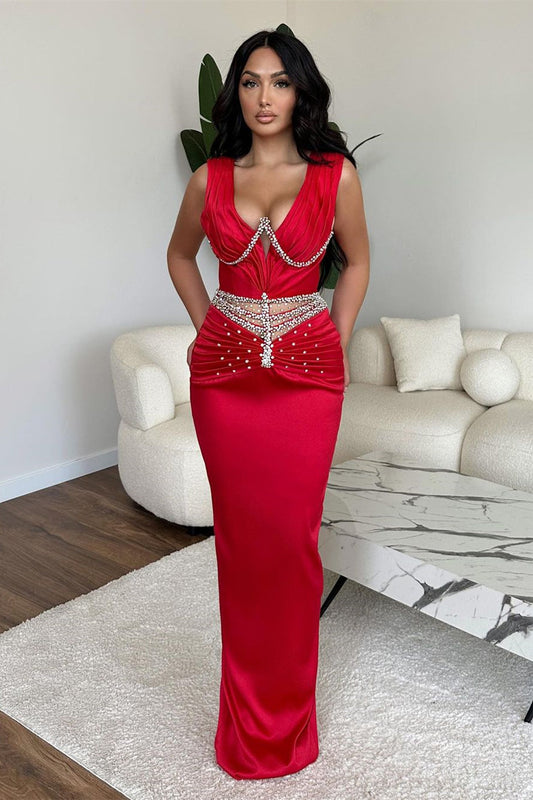 Glamouröses langes Meerjungfrau-Abendkleid mit V-Ausschnitt und Strasssteinen