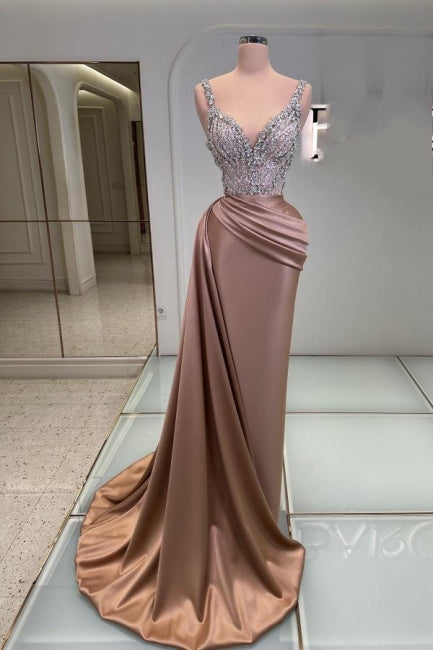 Glamouröses langes Meerjungfrau-Ballkleid mit V-Ausschnitt und ärmellosem Schmuckstein